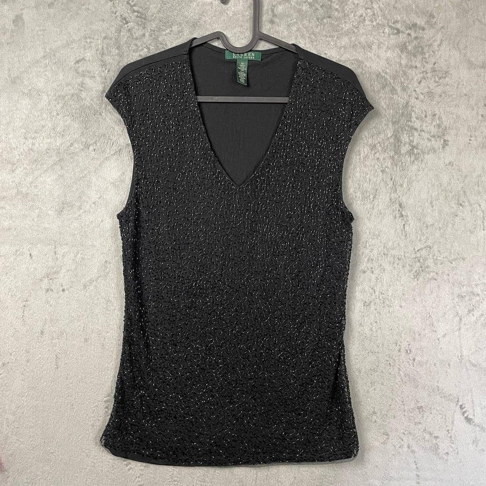 Lauren Ralph Lauren Black Beaded V-Neck Cap Sleeve Top Medium Y2K